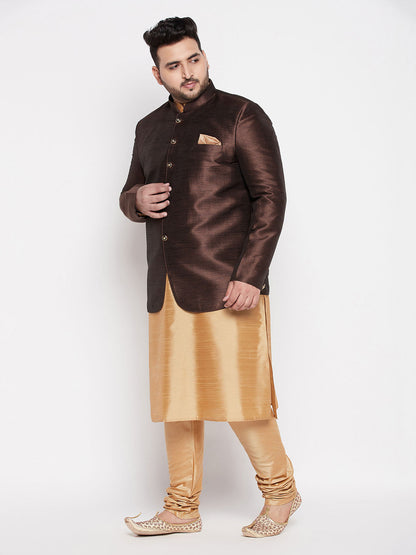 Vastramay plus size mens coffee silk blend jodhpuri with silk blend rose gold kurta pyjama set