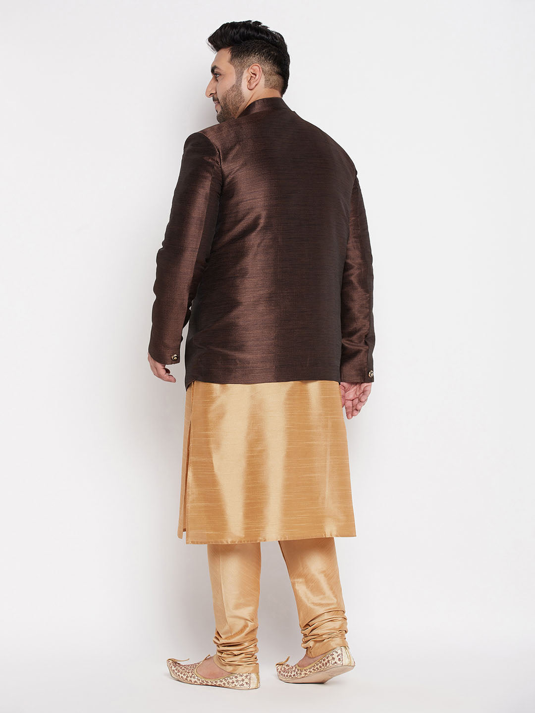 Vastramay plus size mens coffee silk blend jodhpuri with silk blend rose gold kurta pyjama set