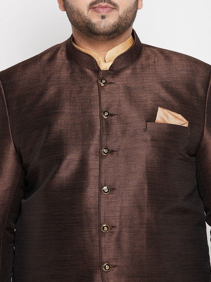 Vastramay plus size mens coffee silk blend jodhpuri with silk blend rose gold kurta pyjama set