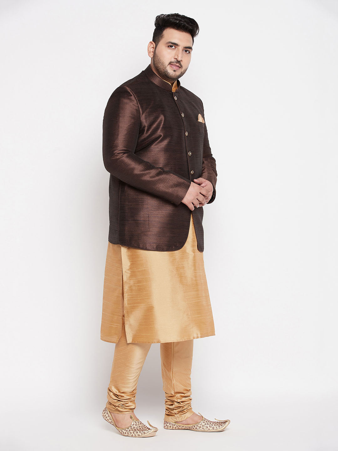 Vastramay plus size mens coffee silk blend jodhpuri with silk blend rose gold kurta pyjama set