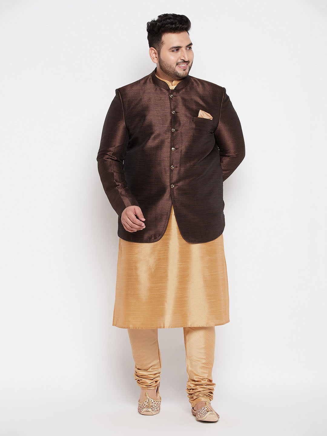 Vastramay Plus Size Men's Coffee Silk Blend Jodhpuri With Silk Blend Rose Gold Kurta Pyjama Set