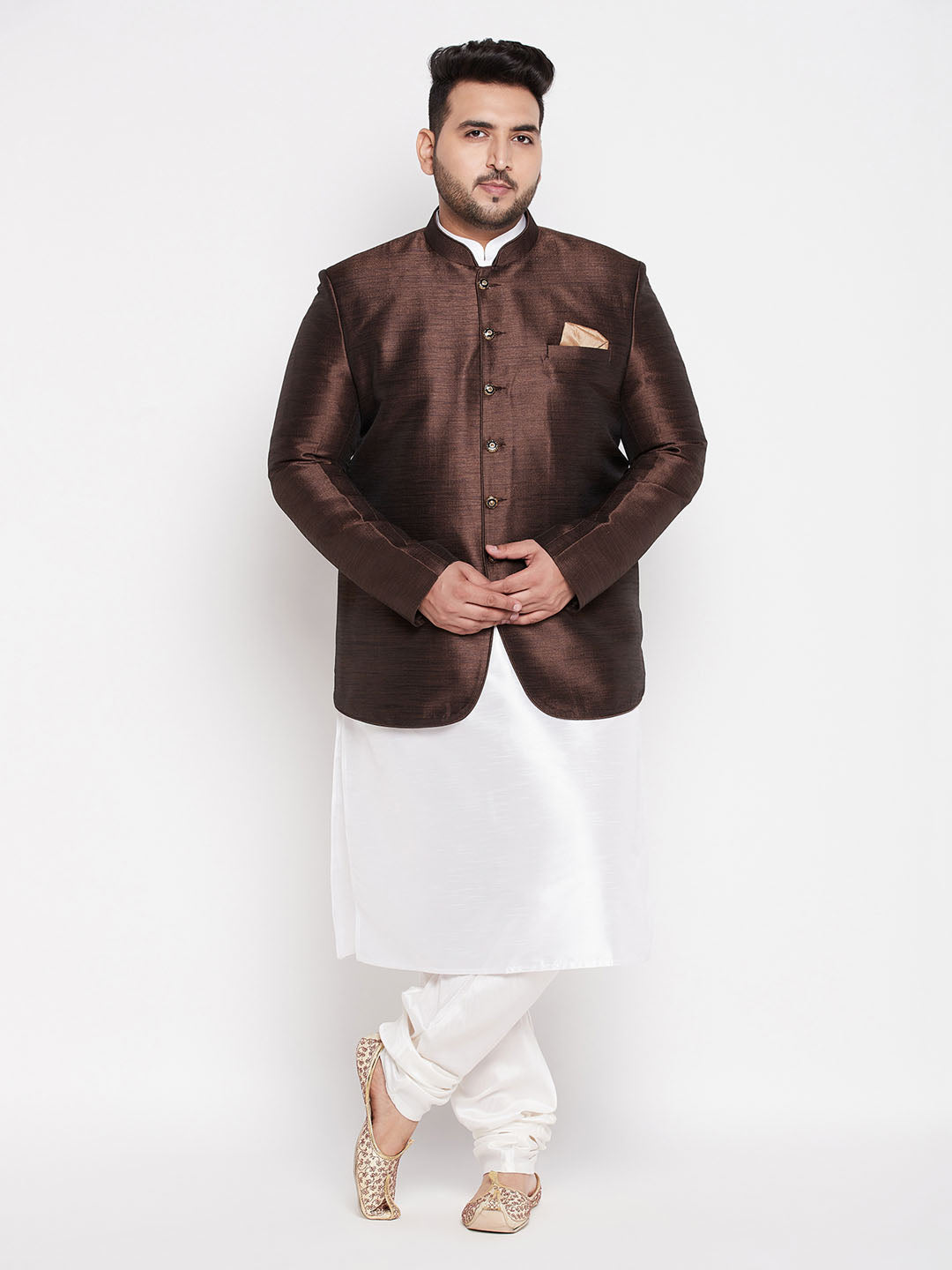 Vastramay plus size mens coffee silk blend jodhpuri with white kurta and dhoti set