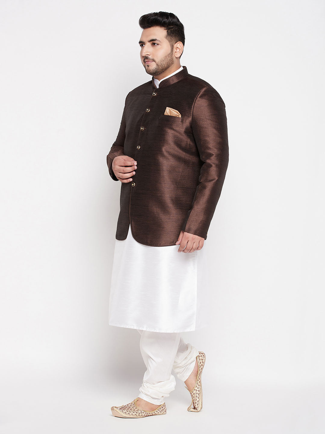 Vastramay plus size mens coffee silk blend jodhpuri with white kurta and dhoti set