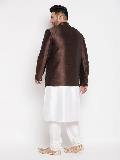 Vastramay plus size mens coffee silk blend jodhpuri with white kurta and dhoti set