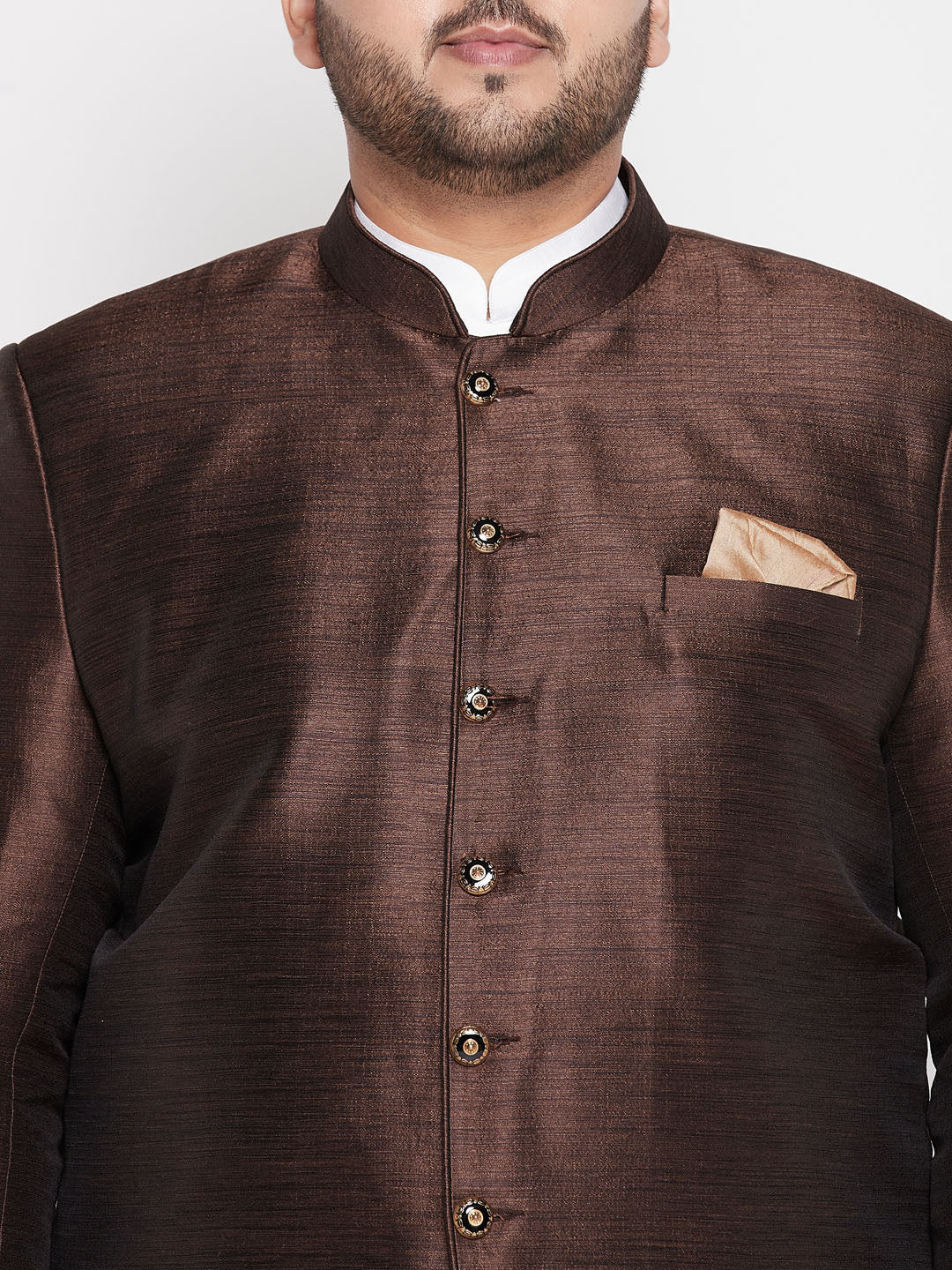 Vastramay plus size mens coffee silk blend jodhpuri with white kurta and dhoti set