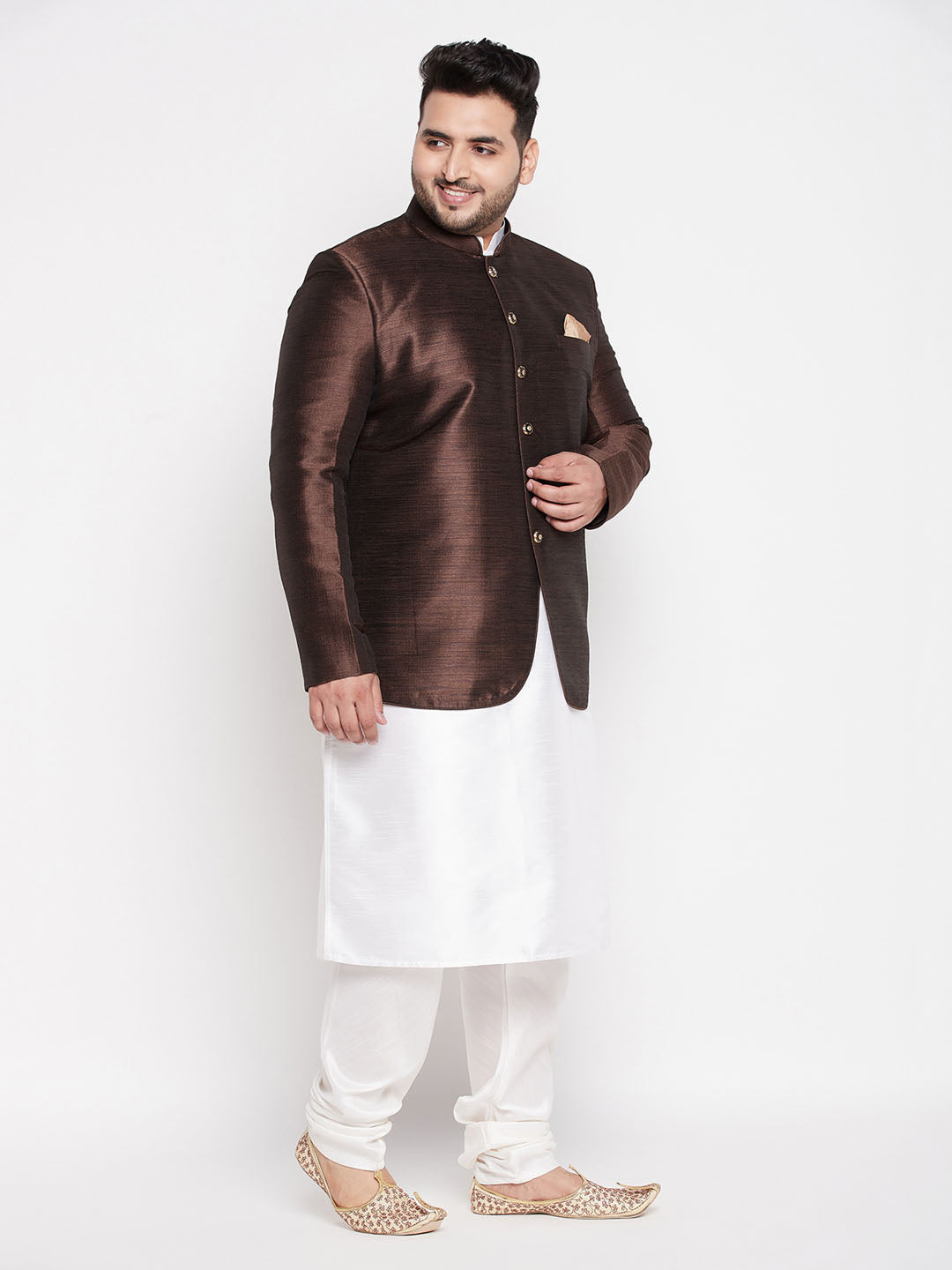 Vastramay plus size mens coffee silk blend jodhpuri with white kurta and dhoti set