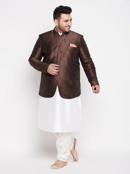 Vastramay Plus Size Men's Coffee Silk Blend Jodhpuri With White Kurta And Pyjama Set