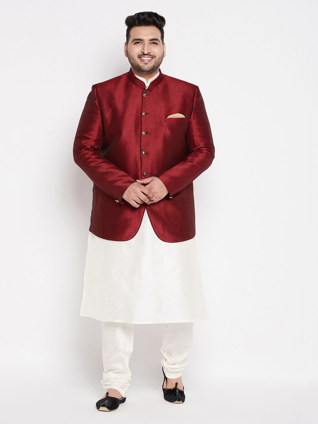 Vastramay mens maroon color silk blend solid jodhpuri with cream kurta pyjama set