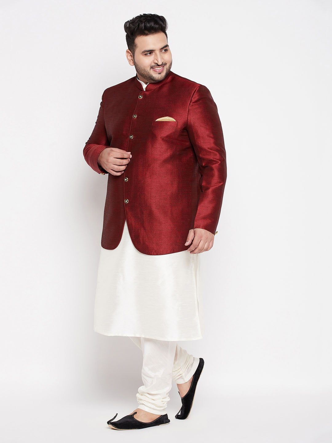 Vastramay mens maroon color silk blend solid jodhpuri with cream kurta pyjama set