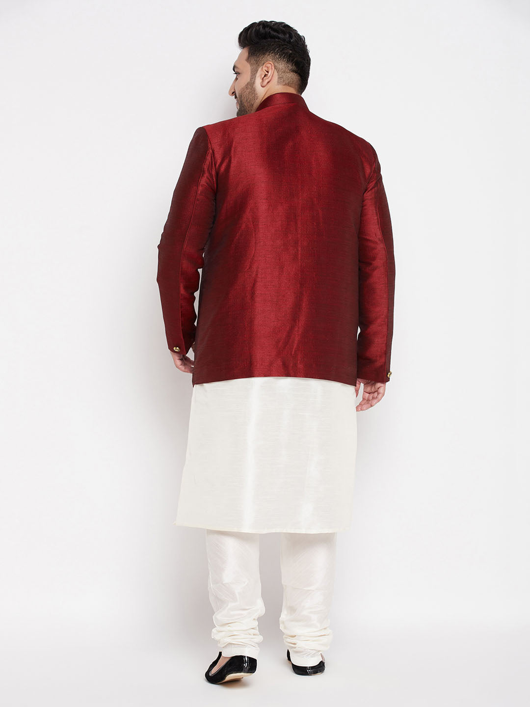 Vastramay mens maroon color silk blend solid jodhpuri with cream kurta pyjama set