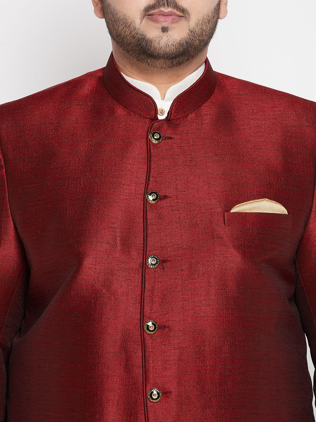 Vastramay mens maroon color silk blend solid jodhpuri with cream kurta pyjama set