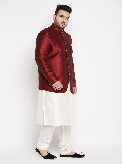 Vastramay mens maroon color silk blend solid jodhpuri with cream kurta pyjama set