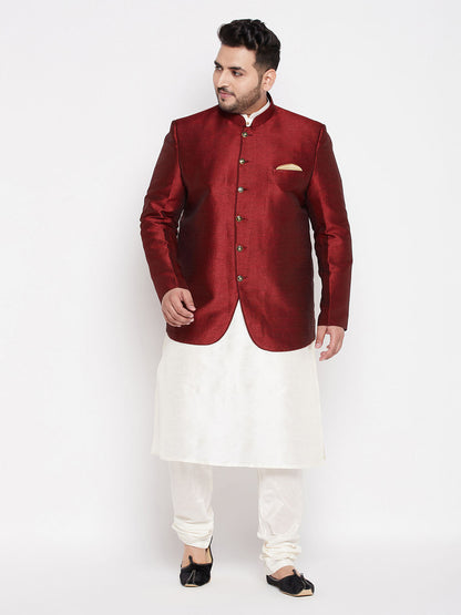 Vastramay Men's Maroon Silk Blend Solid Jodhpuri With Cream Kurta Pyjama Set