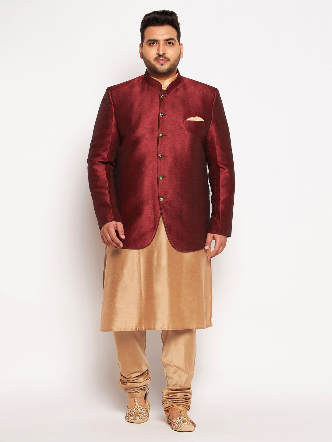 Vastramay Men's Maroon Silk Blend Jodhpuri With Rose Gold Viscose Kurta Pyjama Set