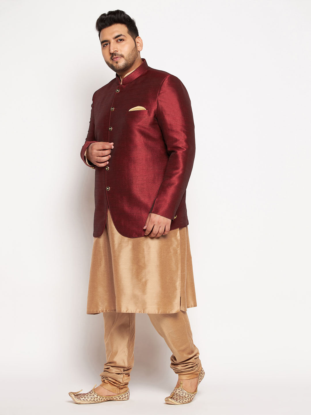 Vastramay mens maroon color silk blend jodhpuri with rose gold kurta pyjama set