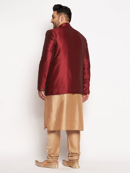 Vastramay mens maroon color silk blend jodhpuri with rose gold kurta pyjama set