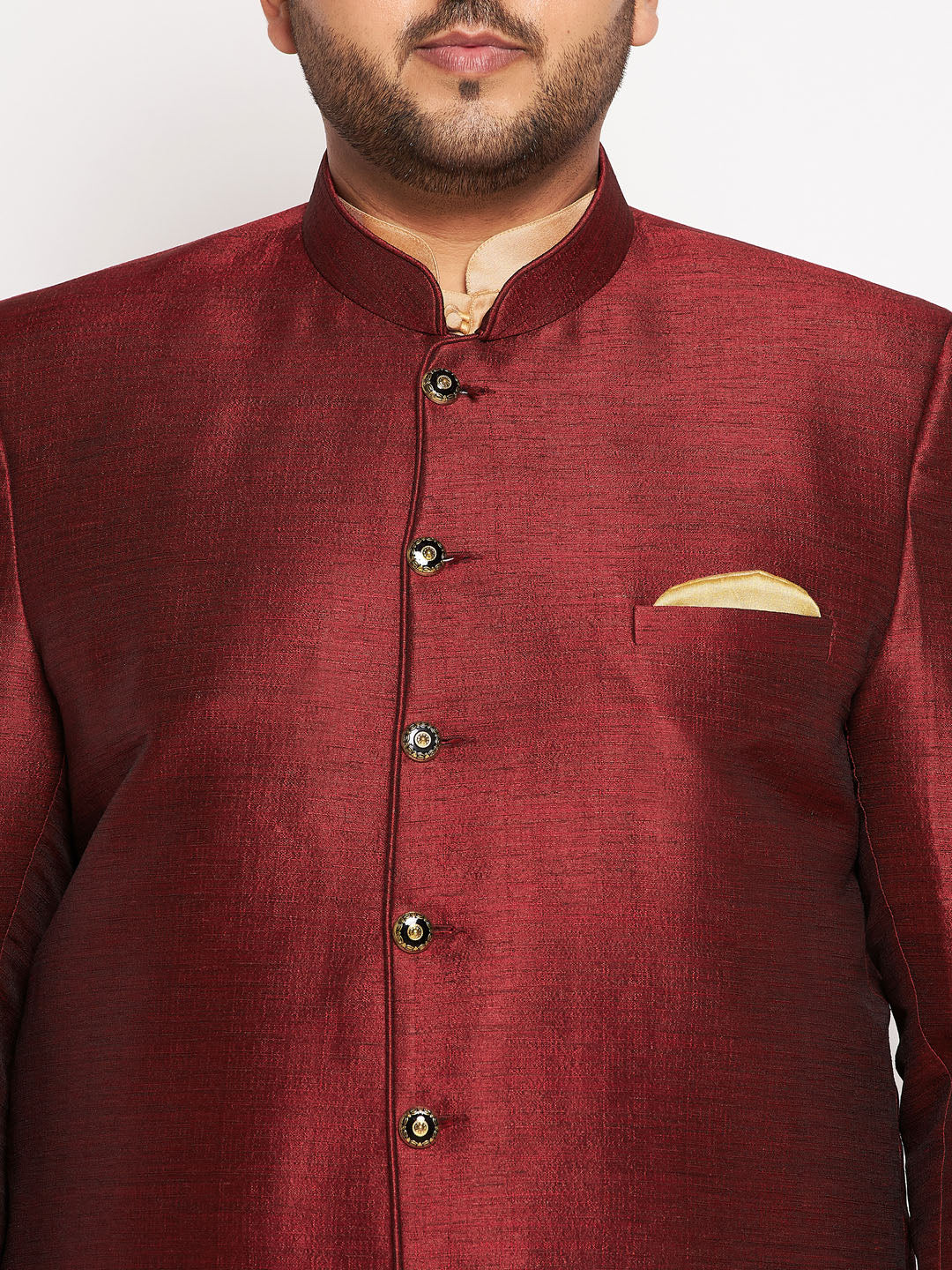 Vastramay mens maroon color silk blend jodhpuri with rose gold kurta pyjama set