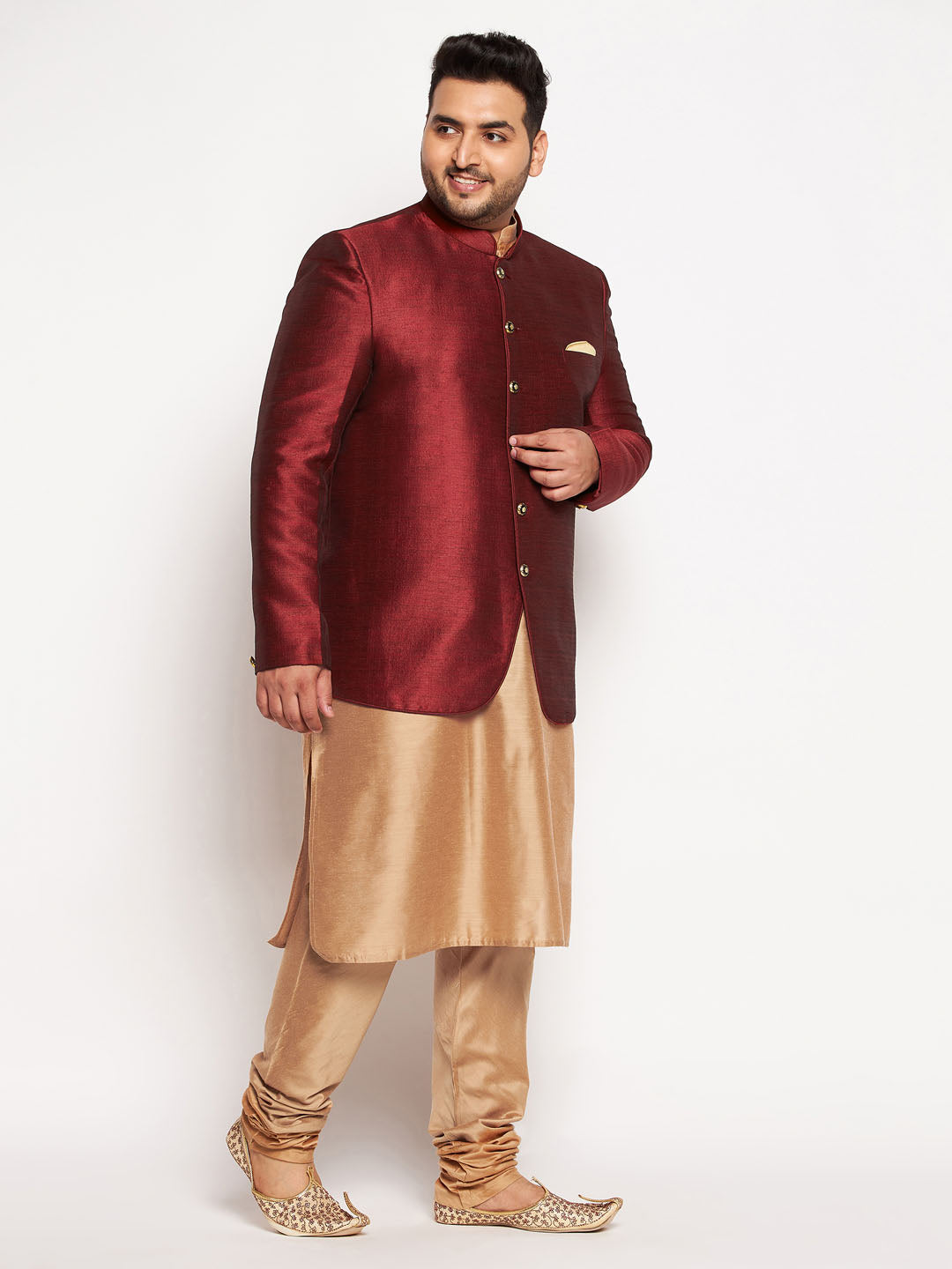 Vastramay mens maroon color silk blend jodhpuri with rose gold kurta pyjama set