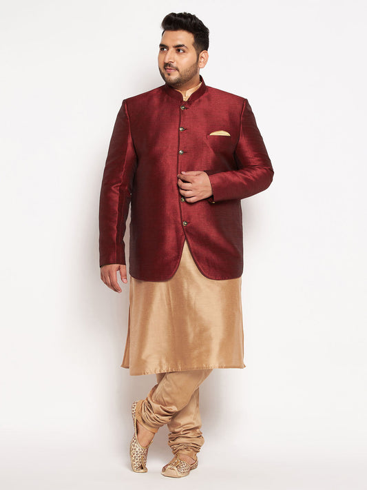 Vastramay mens maroon color silk blend jodhpuri with rose gold kurta pyjama set