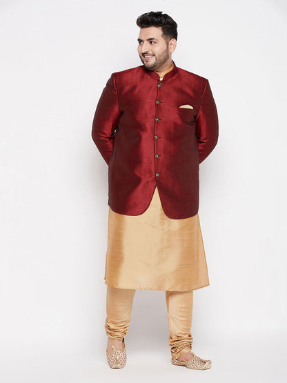 Vastramay mens maroon color silk blend jodhpuri with rose gold silk blend kurta pyjama set