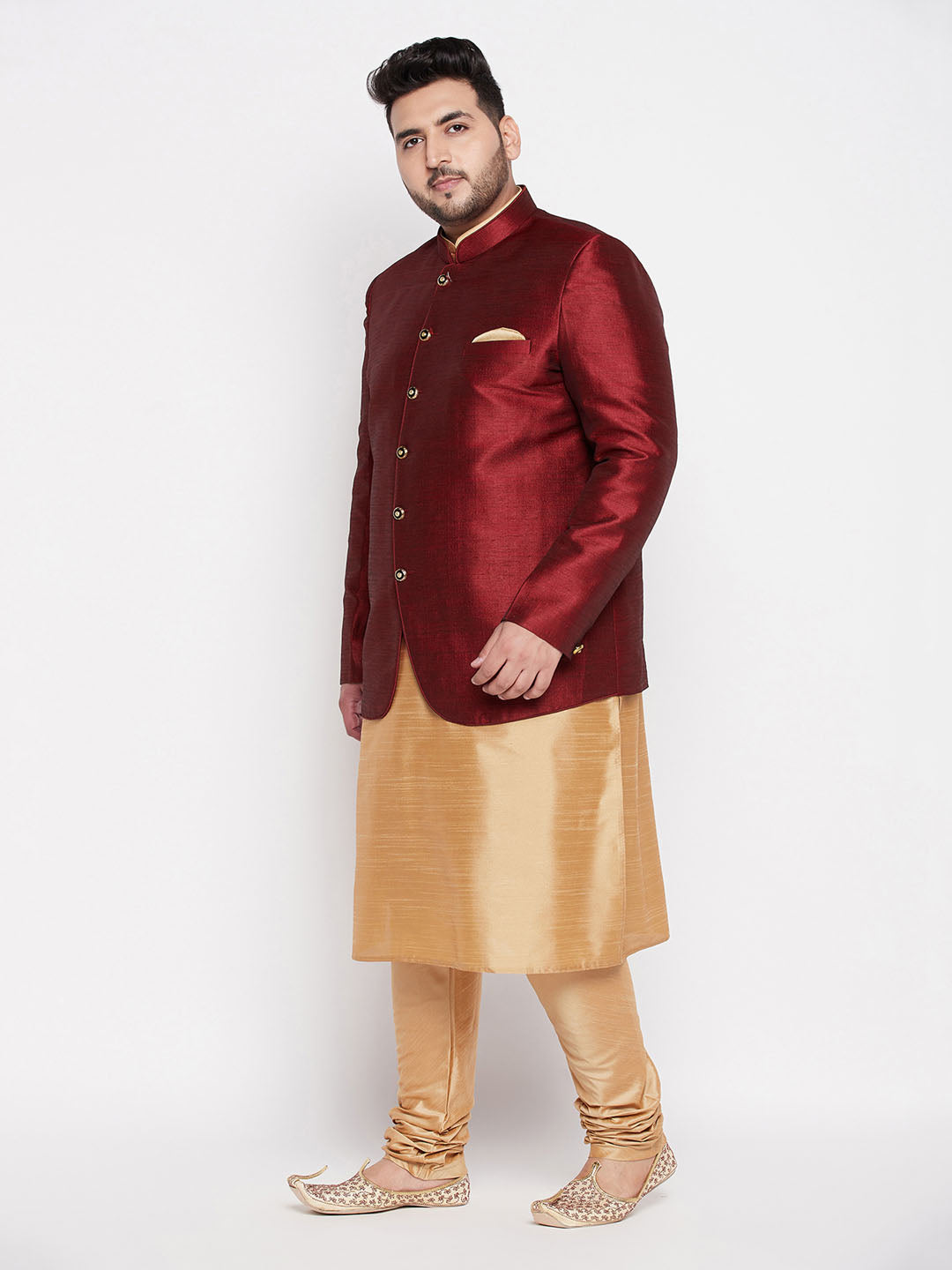 Vastramay mens maroon color silk blend jodhpuri with rose gold silk blend kurta pyjama set