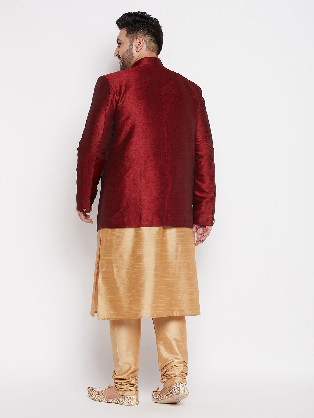 Vastramay mens maroon color silk blend jodhpuri with rose gold silk blend kurta pyjama set