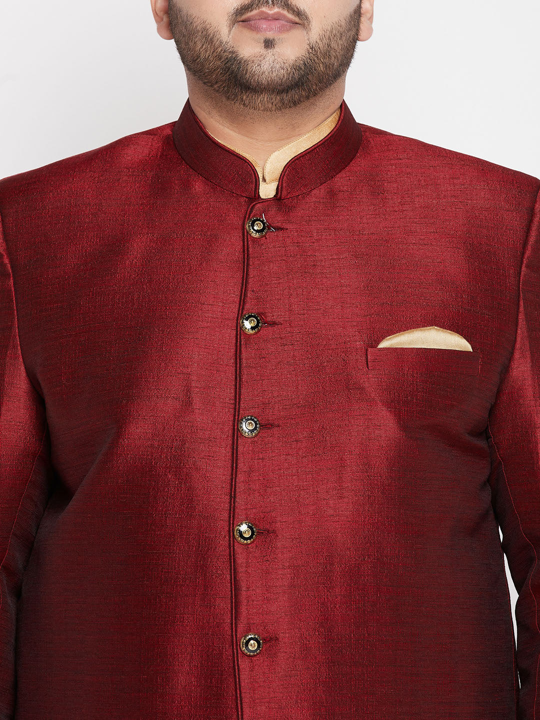 Vastramay mens maroon color silk blend jodhpuri with rose gold silk blend kurta pyjama set