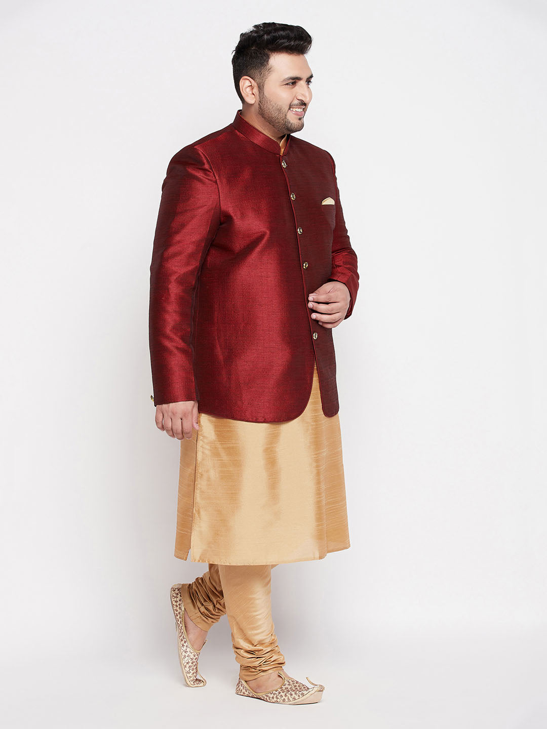 Vastramay mens maroon color silk blend jodhpuri with rose gold silk blend kurta pyjama set