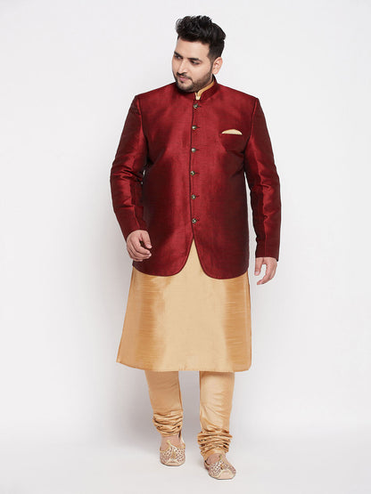 Vastramay Men's Maroon Silk Blend Jodhpuri With Rose Gold Silk Blend Kurta Pyjama Set