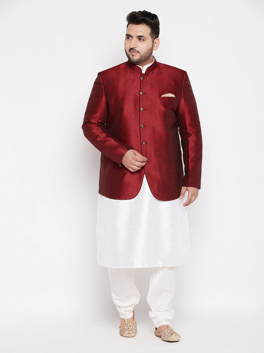 Vastramay mens maroon color silk blend jodhpuri with white cotton blend kurta pyjama set