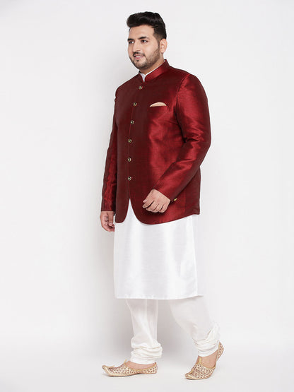 Vastramay mens maroon color silk blend jodhpuri with white cotton blend kurta pyjama set