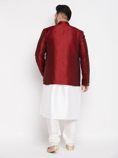 Vastramay mens maroon color silk blend jodhpuri with white cotton blend kurta pyjama set