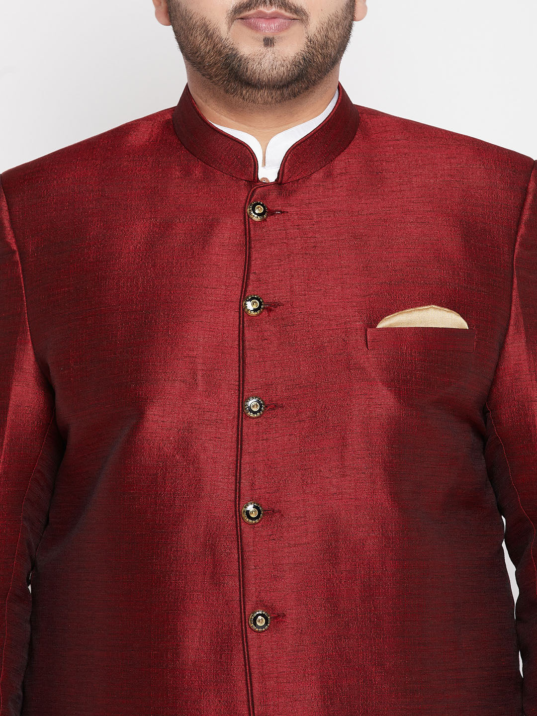 Vastramay mens maroon color silk blend jodhpuri with white cotton blend kurta pyjama set