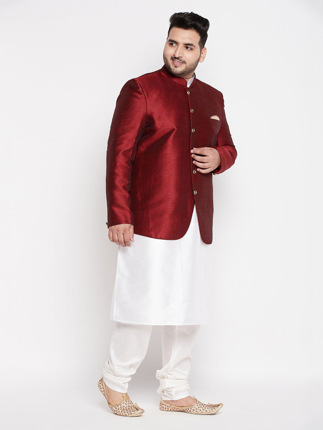 Vastramay mens maroon color silk blend jodhpuri with white cotton blend kurta pyjama set