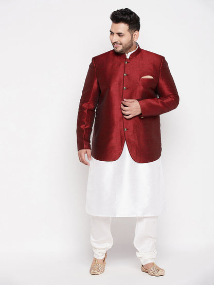 Vastramay Men's Maroon Silk Blend Jodhpuri With White Cotton Blend Kurta Pyjama Set