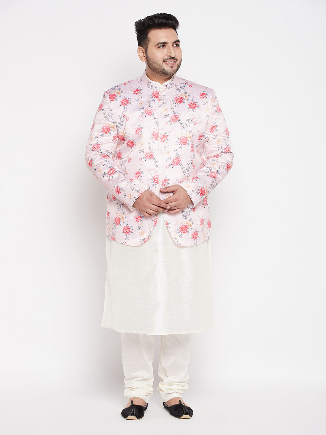 Vastramay mens peach silk blend jodhpuri with cream kurta pyjama set