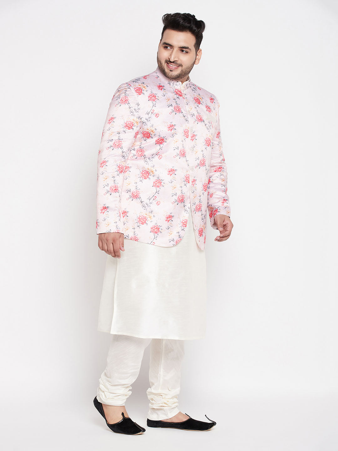 Vastramay mens peach silk blend jodhpuri with cream kurta pyjama set