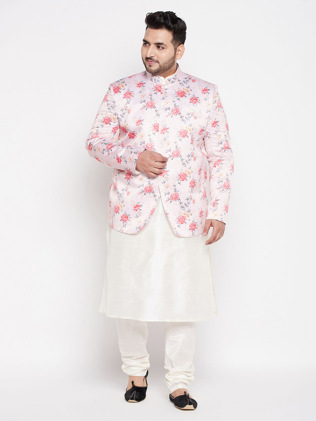 Vastramay Men's Peach Silk Blend Jodhpuri With Cream Kurta Pyjama Set