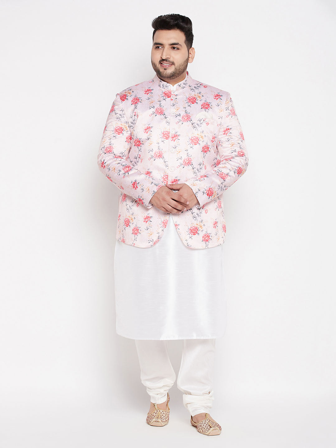 Vastramay mens peach silk blend jodhpuri with white kurta pyjama set