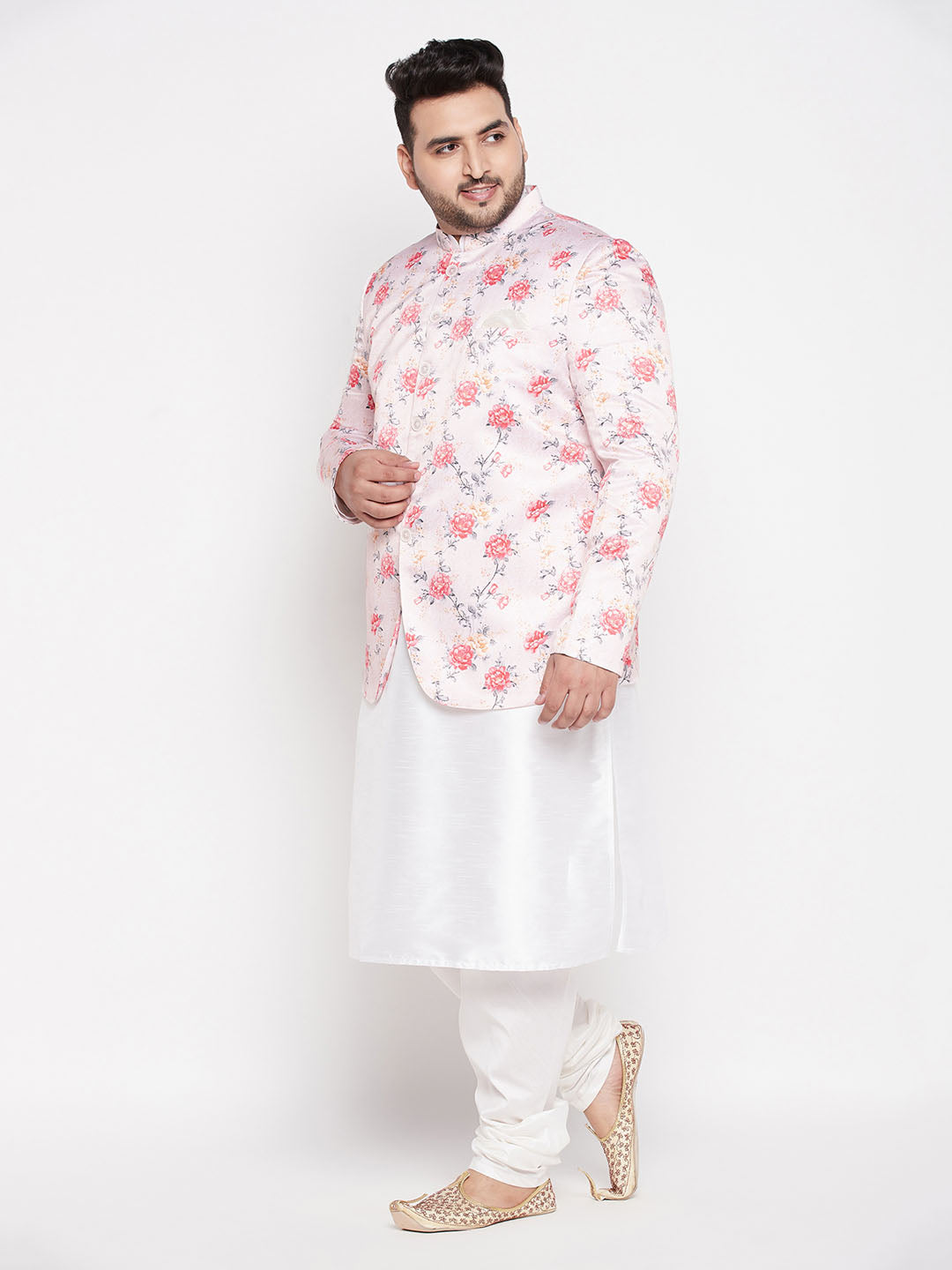 Vastramay mens peach silk blend jodhpuri with white kurta pyjama set