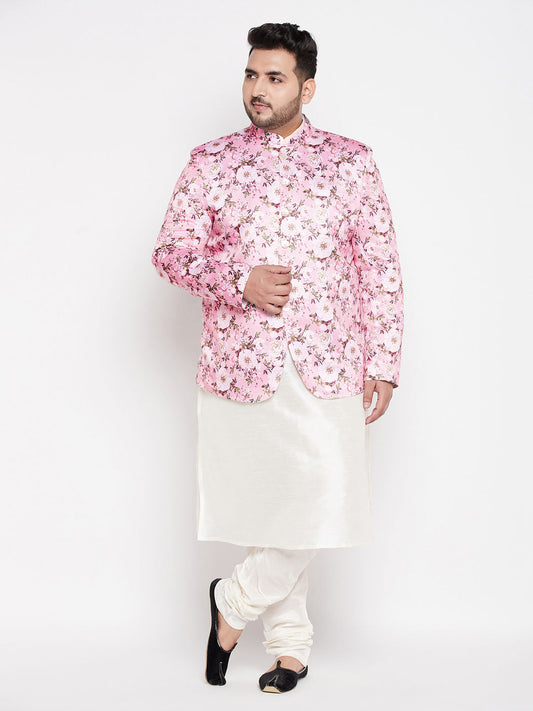 Vastramay mens pink color silk blend jodhpuri with cream kurta pyjama set