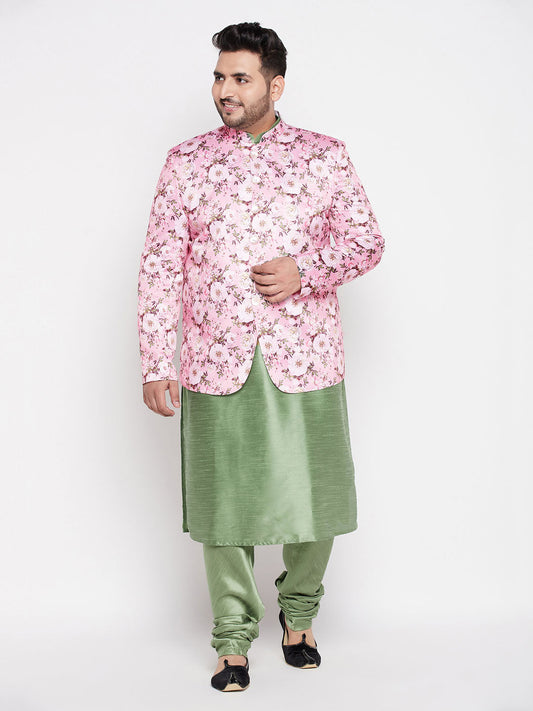 Vastramay mens pink color silk blend jodhpuri with mint green kurta pyjama set