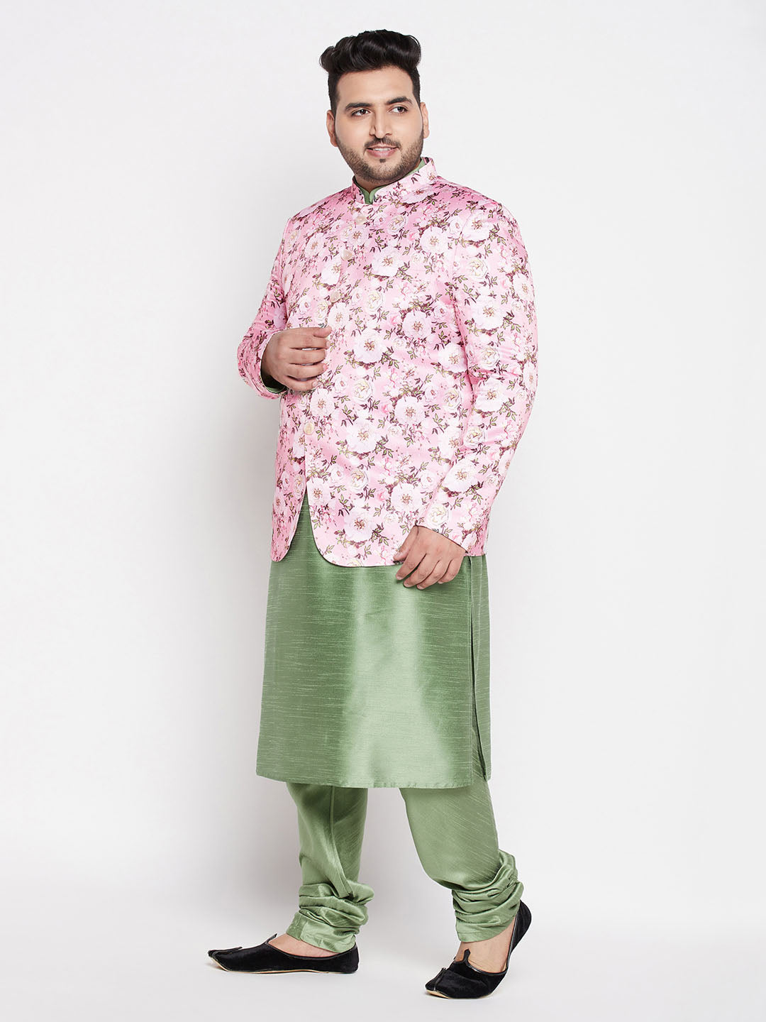 Vastramay mens pink color silk blend jodhpuri with mint green kurta pyjama set