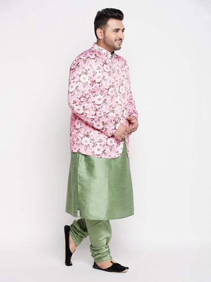 Vastramay mens pink color silk blend jodhpuri with mint green kurta pyjama set