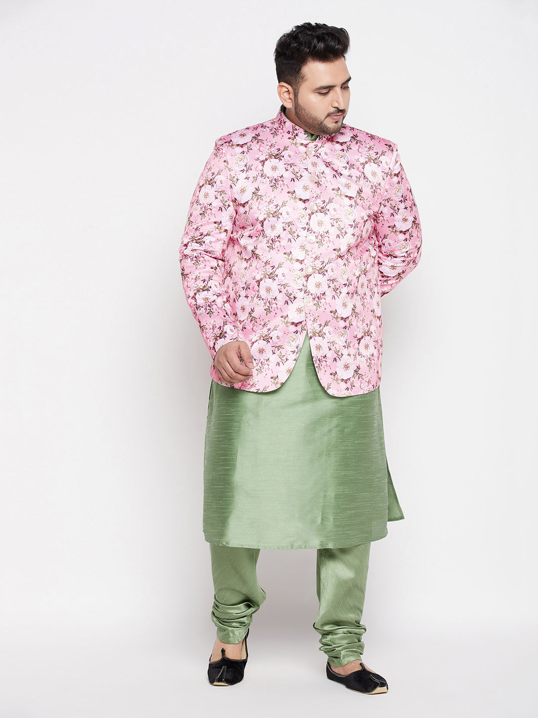 Vastramay Men's Pink Silk Blend Jodhpuri With Mint Green Kurta Pyjama Set