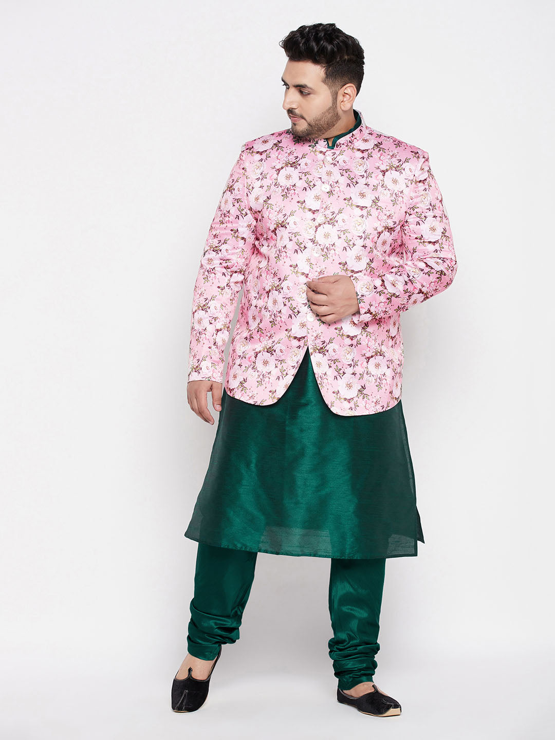 Vastramay mens pink color silk blend jodhpuri with dark green color silk blend kurta pyjama set