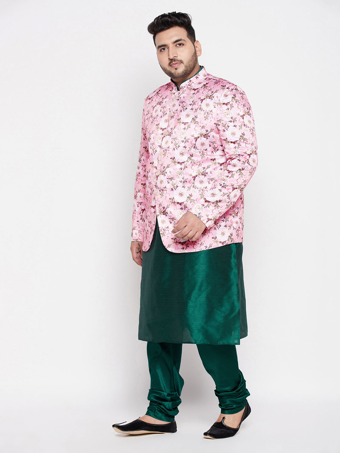 Vastramay mens pink color silk blend jodhpuri with dark green color silk blend kurta pyjama set