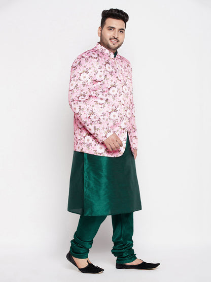 Vastramay mens pink color silk blend jodhpuri with dark green color silk blend kurta pyjama set