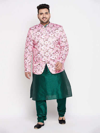 Vastramay Men's Pink Silk Blend Jodhpuri With Dark Green Silk Blend Kurta Pyjama Set