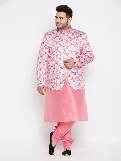 Vastramay mens pink color silk blend jodhpuri with pink color kurta pyjama set